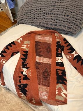Open-Front Aztec Knit Cardigan Sweater - Rust